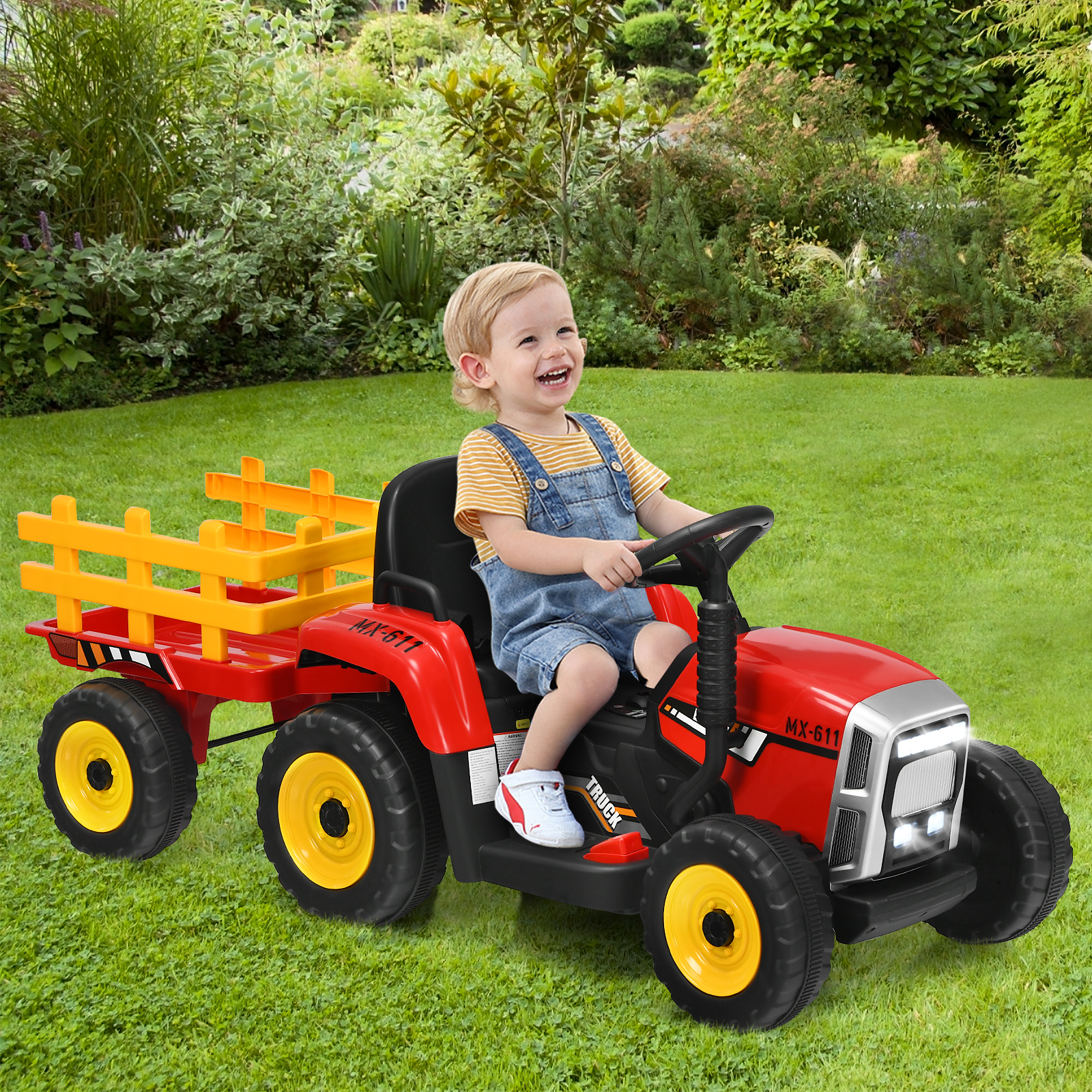 Kindertractor met 3 versnellingen 12V Ride On Tractor met afneembare aanhanger Rood