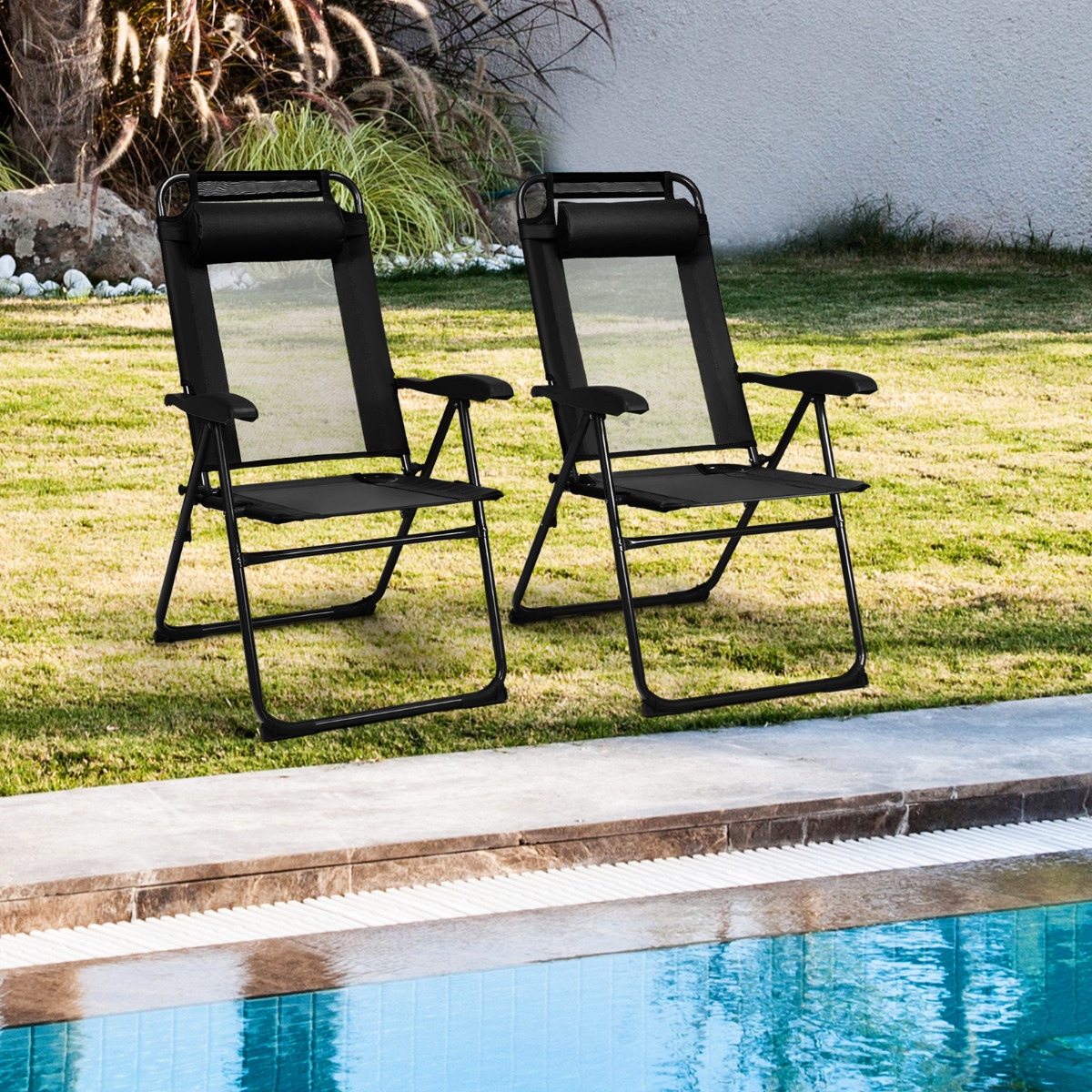 Set van 2 Tuinstoelen Klapstoelen met Hoofdsteun Inklapbare Outdoorstoelen met 7-Voudig Verstelbare 