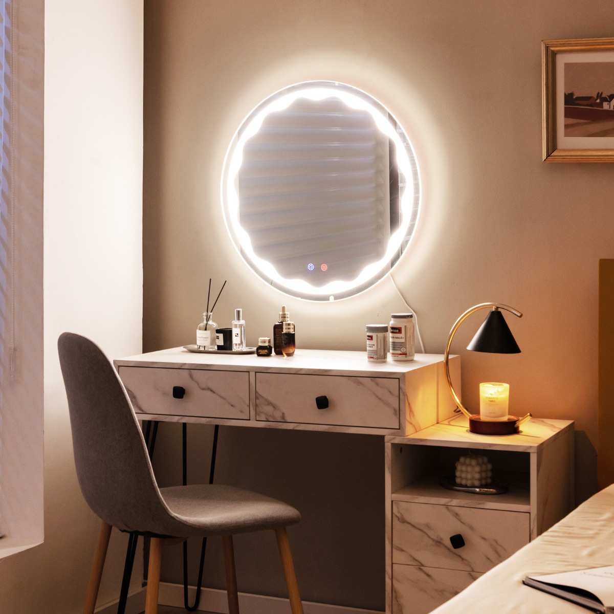 LED-spiegel ? 60 cm Ronde LED-spiegel met Anti-condensspiegel Verwarmende Badkamerspiegel