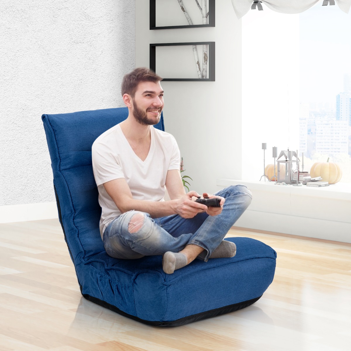 Vloervouwstoel 4-voudig Verstelbaar Gaming Vloerbank met Rugleuning Blauw
