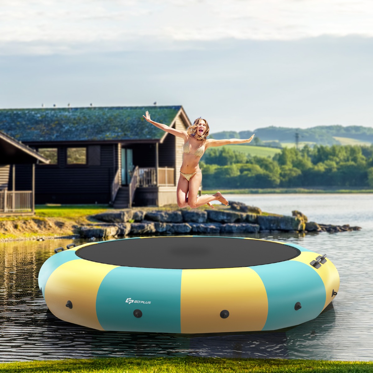 457cm Opblaasbare Watertrampoline met 500W Elektrische Inflator Trampoline Bounce Geel + Groen